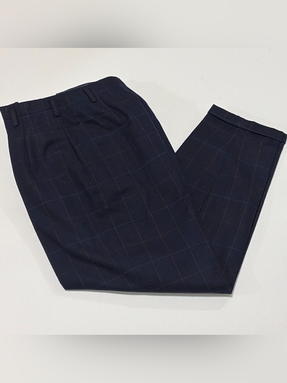 Vintage Liz Claiborne Pants Womens 10P Navy Windowpane Plaid Wool Pleated Cuffed